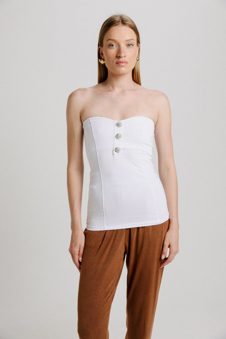Charm White Jeweled Strapless Top