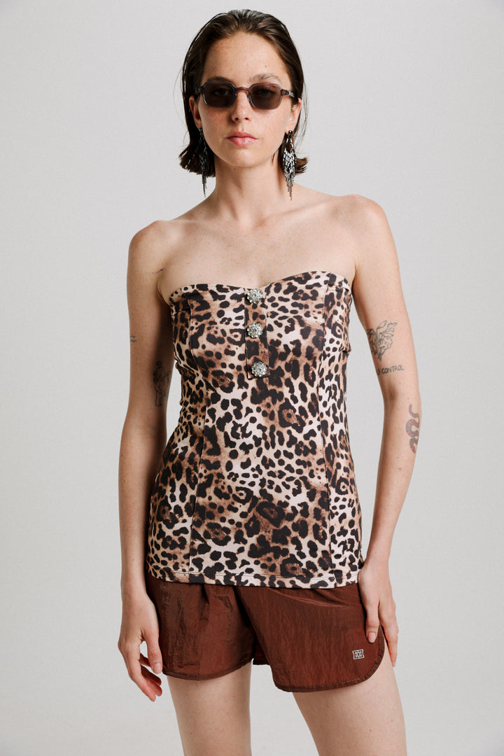Charm Leopard Jeweled Strapless Top
