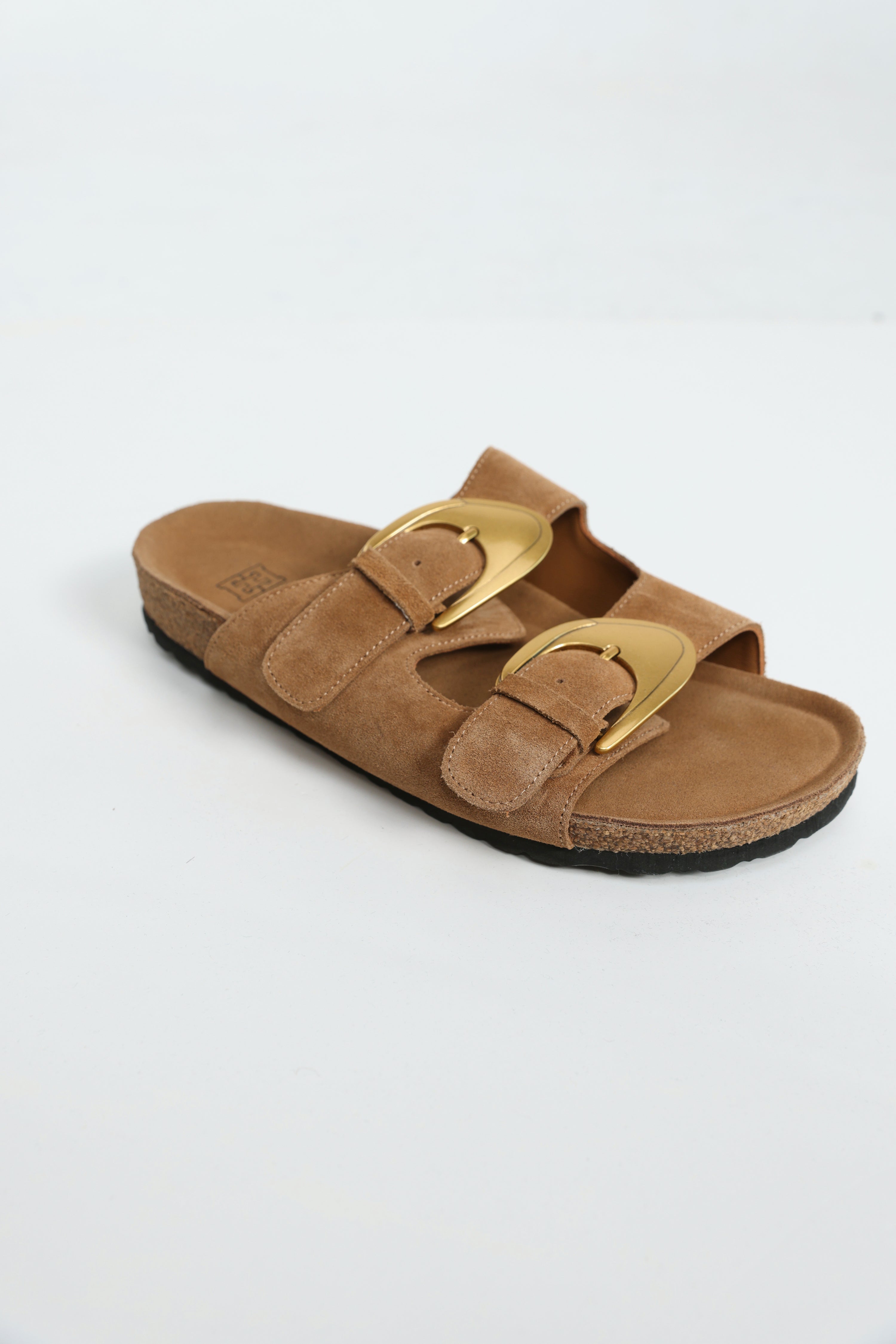 Gold Buckle Camel Suede Slides – SEESTARZ