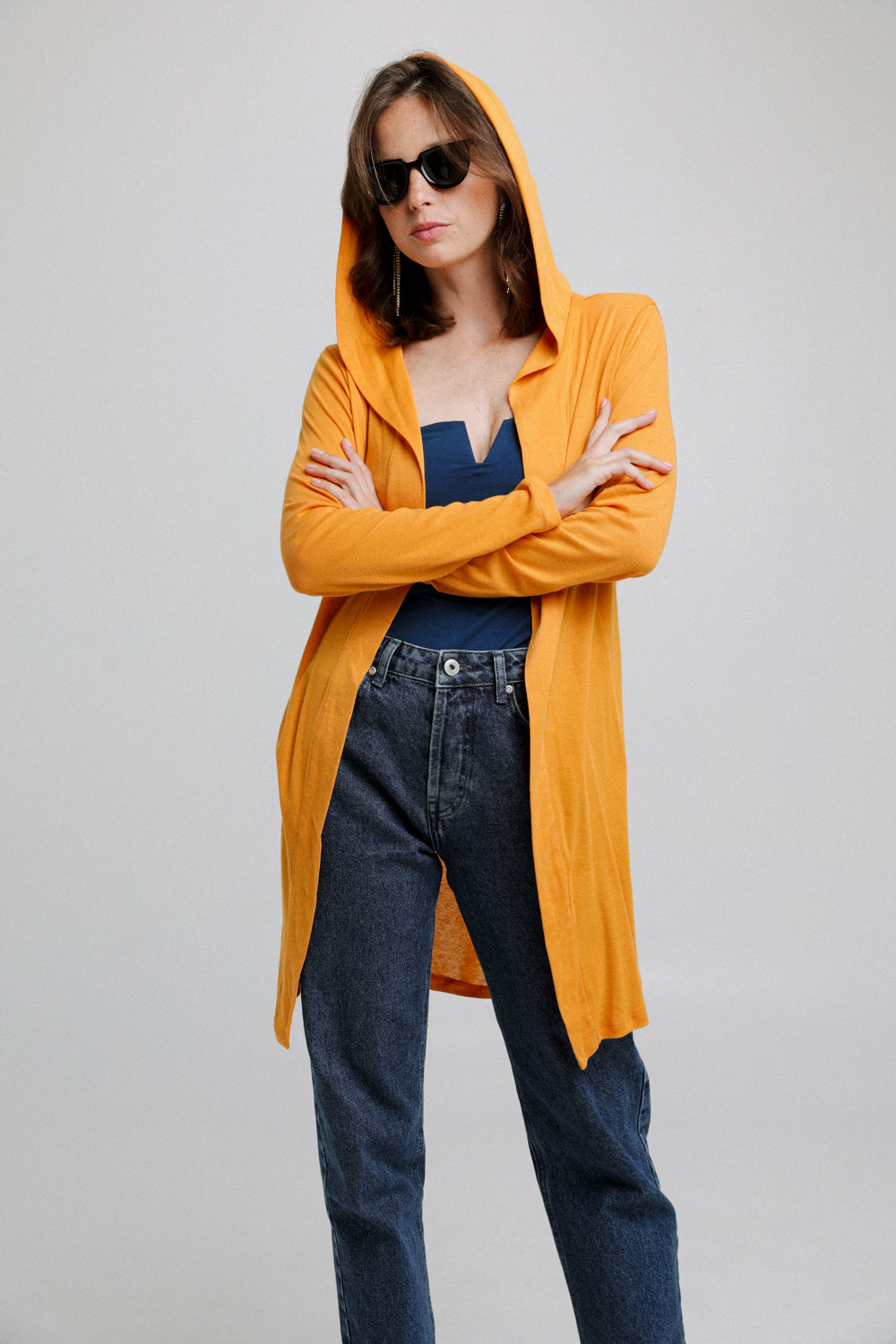 Mustard hooded outlet cardigan