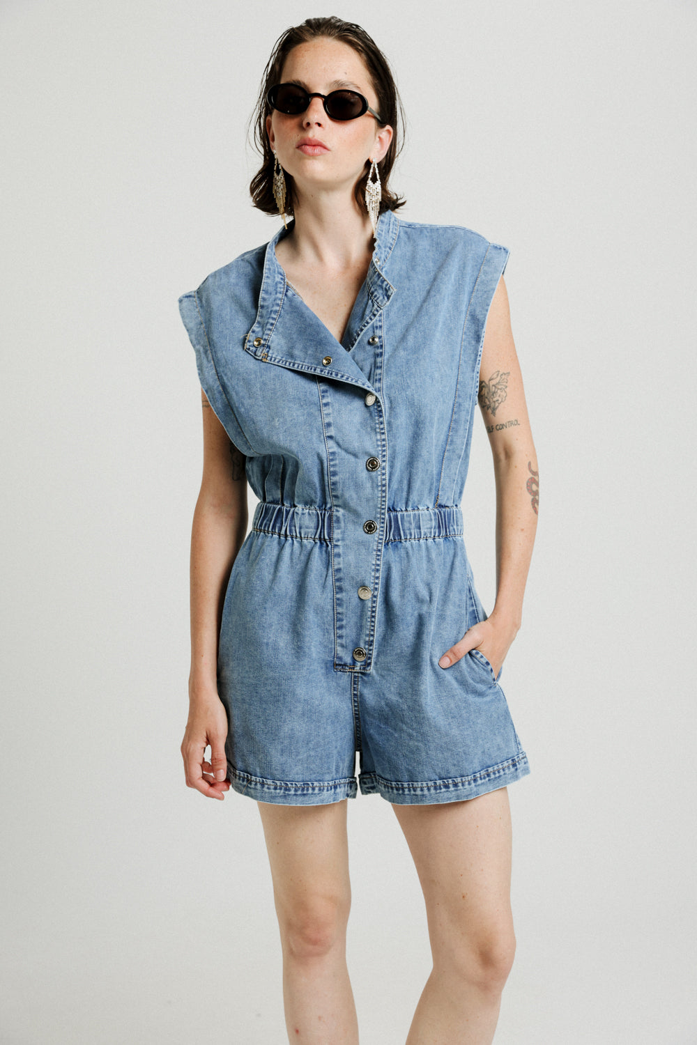 Short Sleeveless Blue Denim Jumpsuit