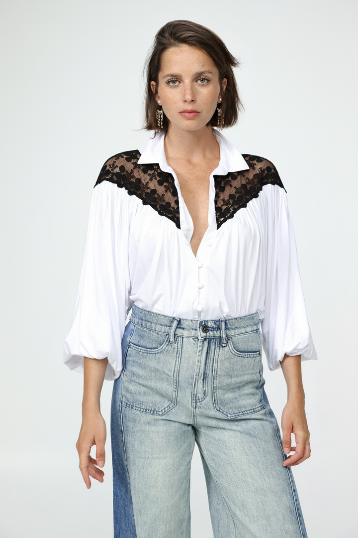 White/Black Lace Shoulders Buttoned Shirt