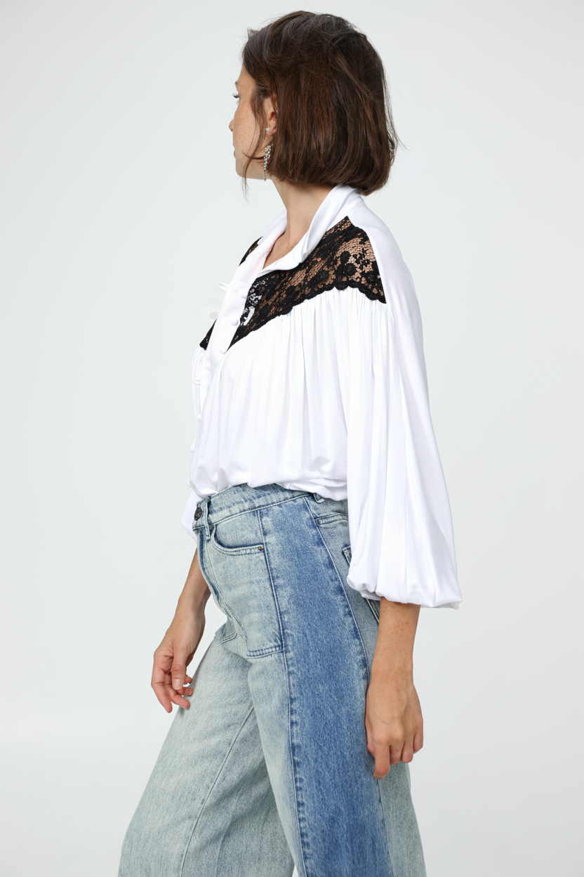 White/Black Lace Shoulders Buttoned Shirt