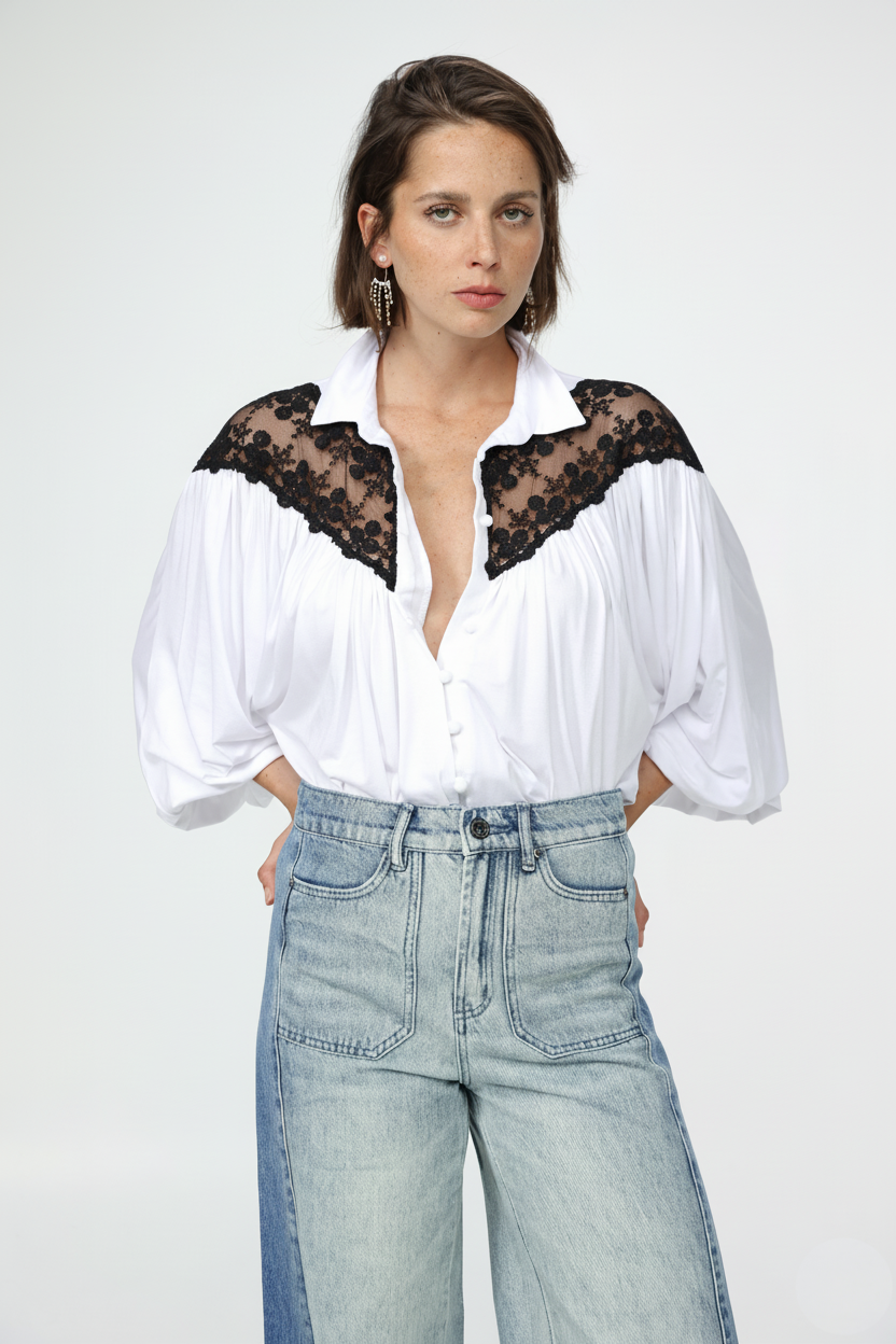 White/Black Lace Shoulders Buttoned Shirt