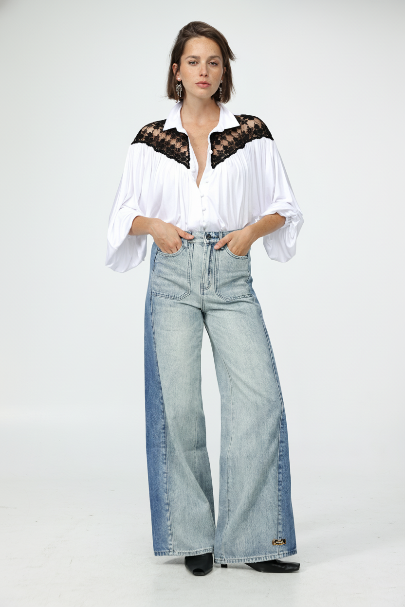 White/Black Lace Shoulders Buttoned Shirt