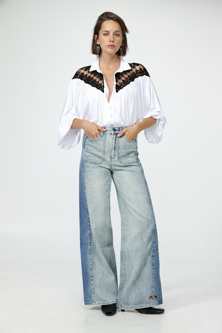 White/Black Lace Shoulders Buttoned Shirt