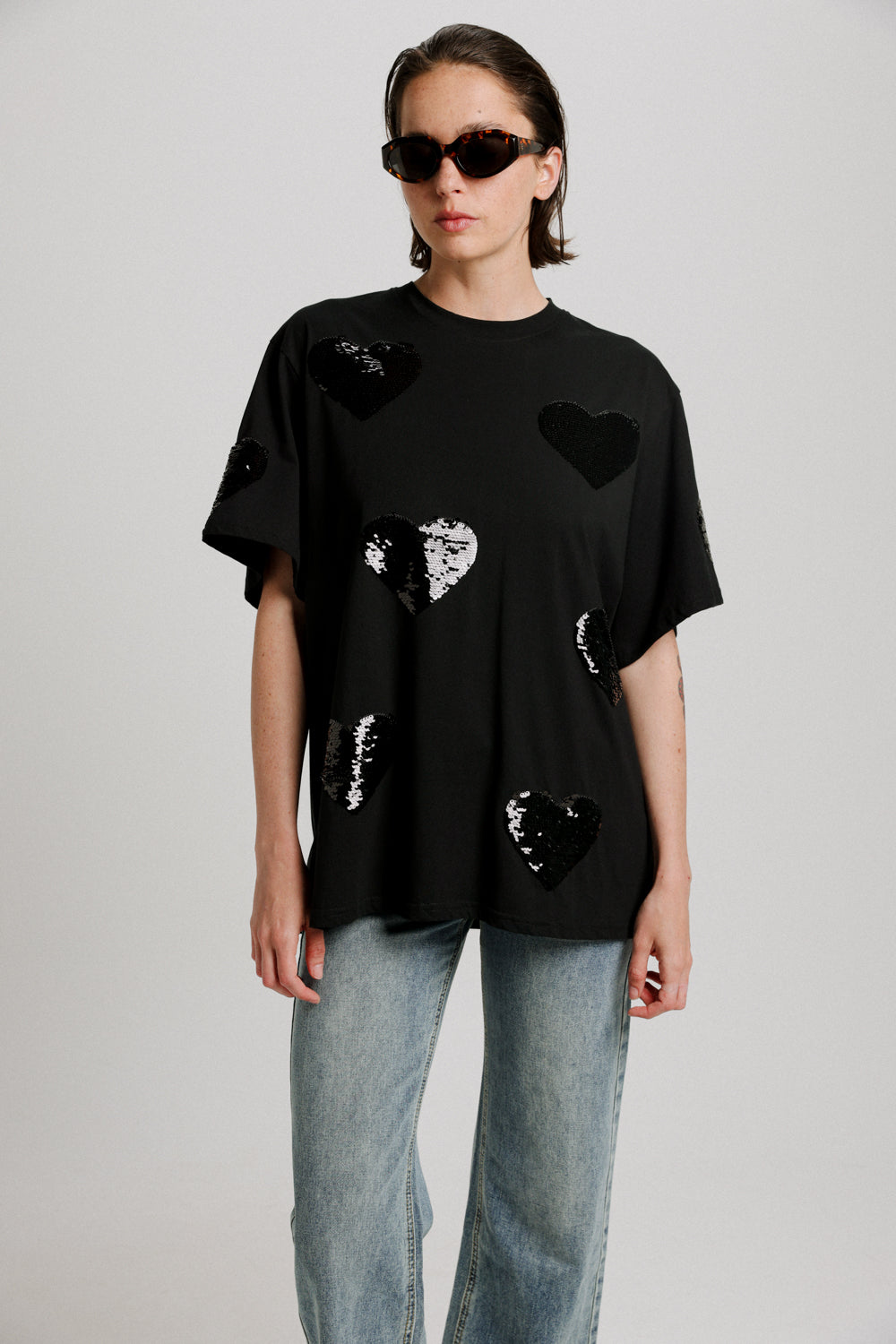 Sequins Heart Black T-Shirt