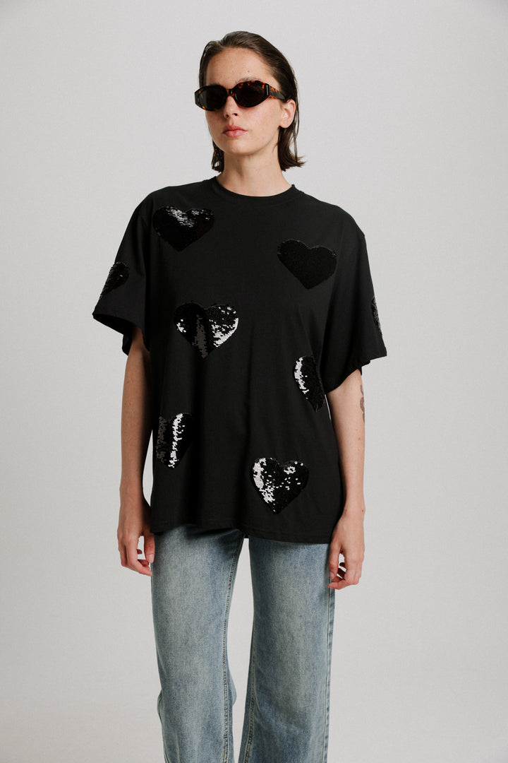 Sequins Heart Black T-Shirt