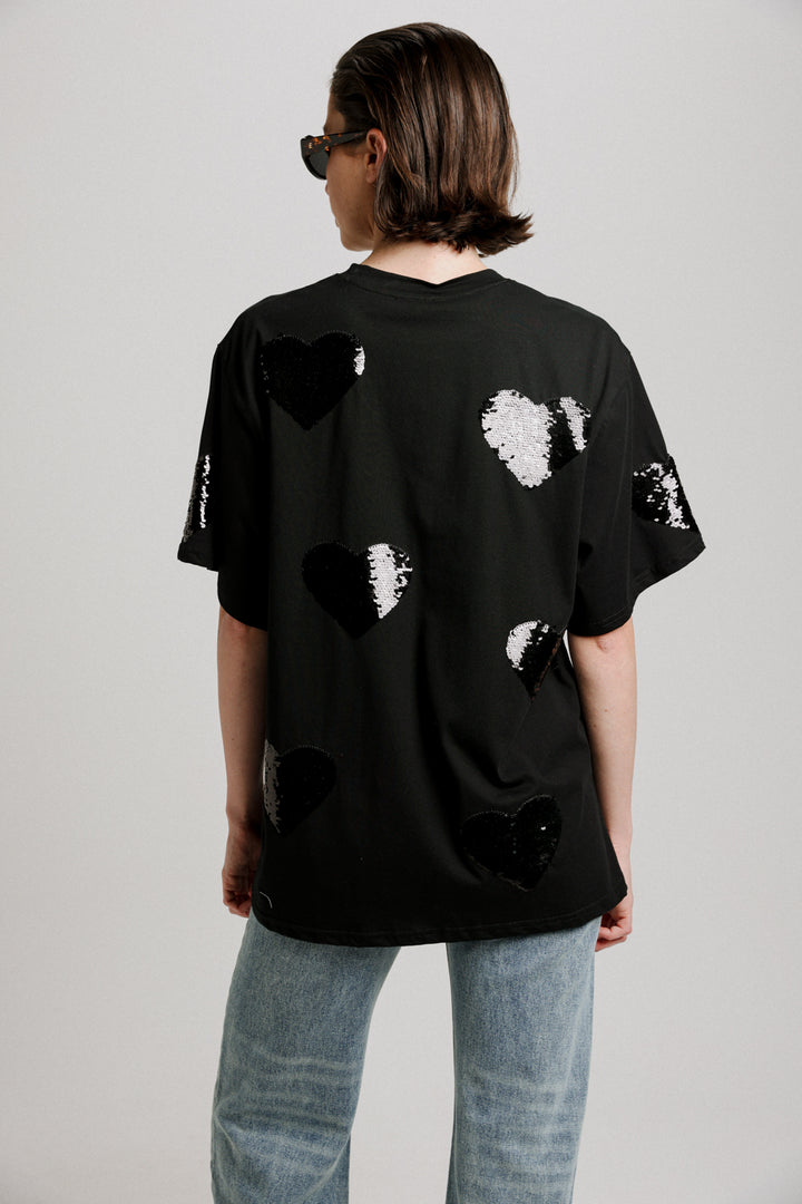 Sequins Heart Black T-Shirt