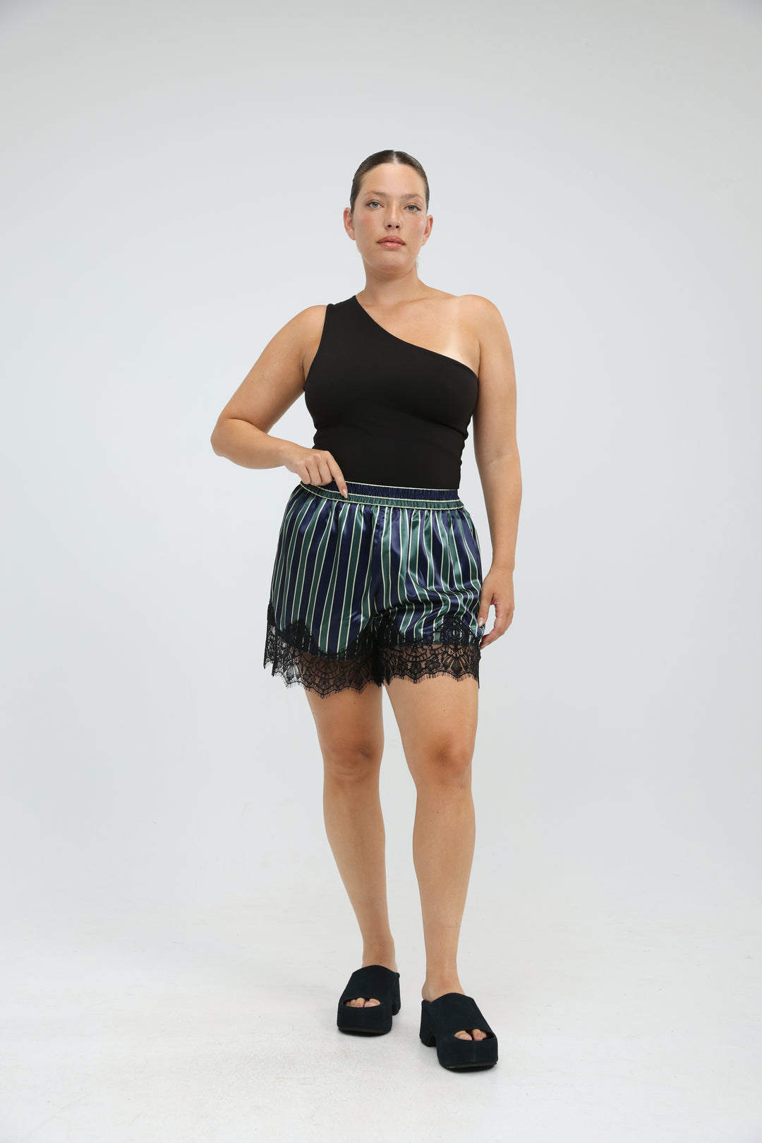 Striped Green Satin Lace Shorts