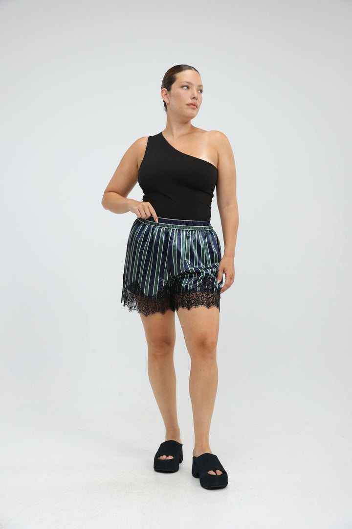 Striped Green Satin Lace Shorts