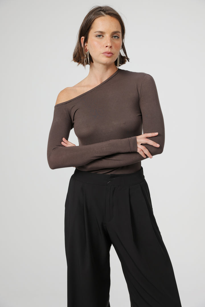 Clean07 Brown One Shoulder Shirt