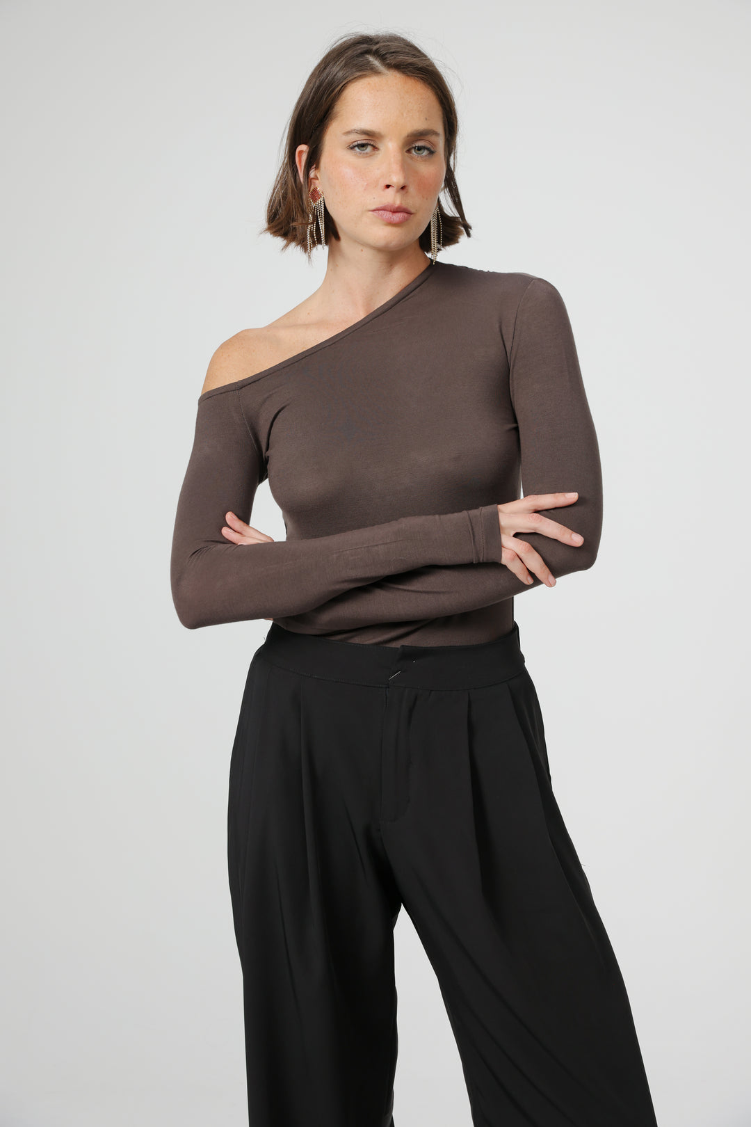 Clean07 Brown One Shoulder Shirt