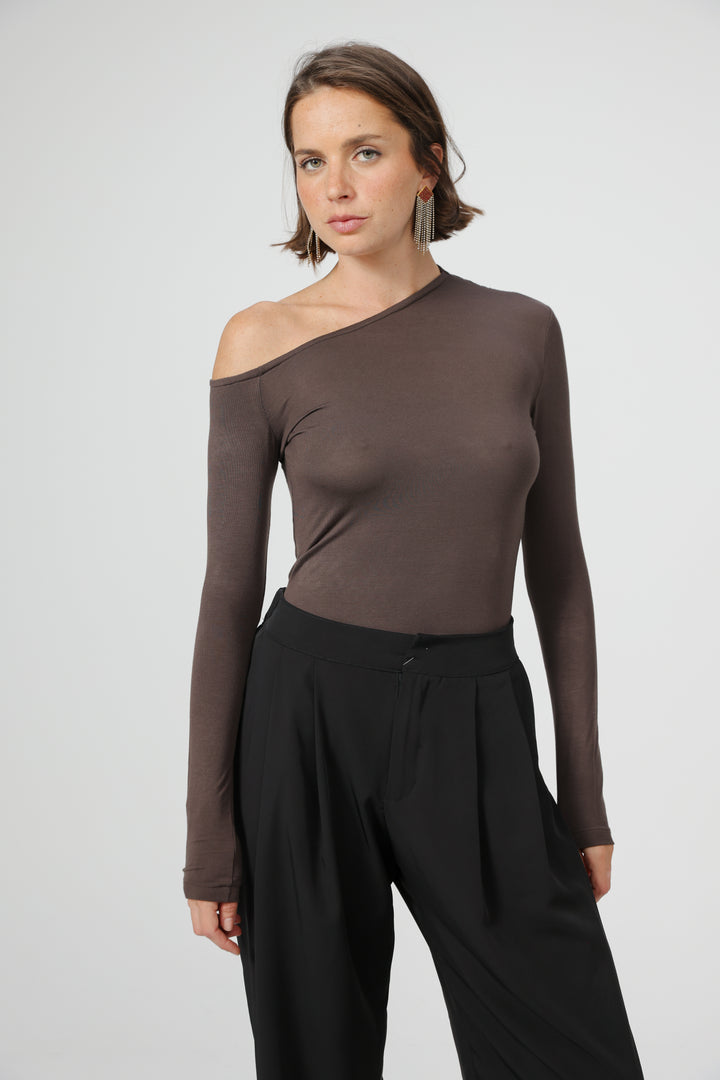 Clean07 Brown One Shoulder Shirt