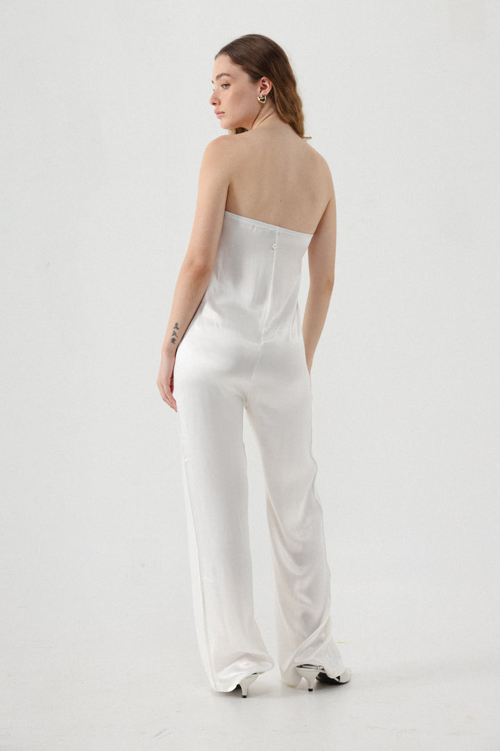 אוברול חגיגי לבן ללא כתפיות  Fantasy White Viscose Jumpsuit 