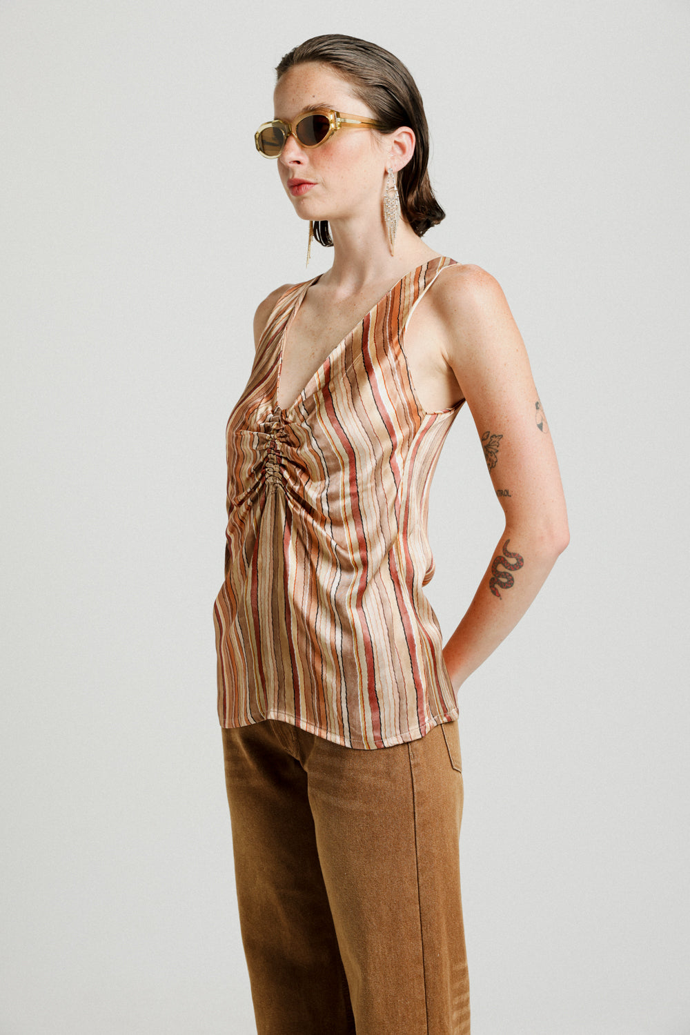 Gathered Tan Stripes Tank