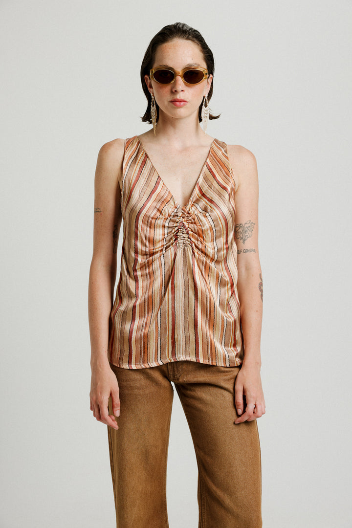 Gathered Tan Stripes Tank