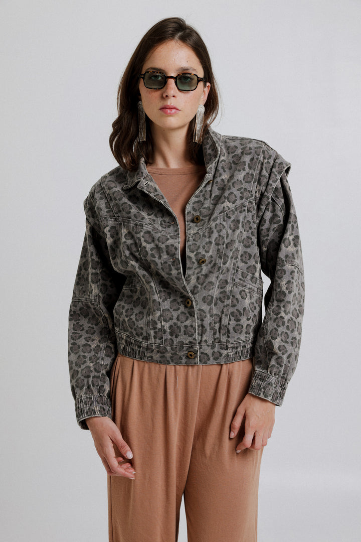 Poetry Grey Leopard Denim Jacket ג'קט ג'ינס ארוך בגוון אפור מנומר