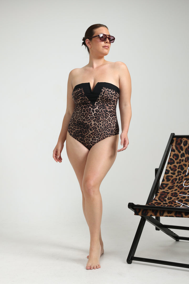 Impressionism Leopard/Black Swimsuit בגד ים סטרפלס מנומר מידה גדולה