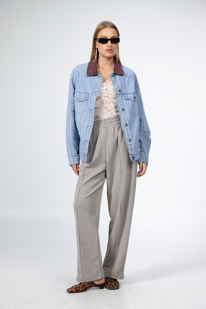 Corduroy Mixed Blue Striped Denim Jacket