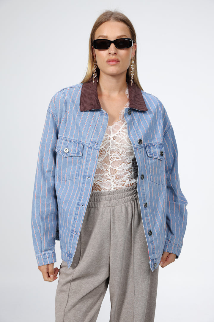 Corduroy Mixed Blue Striped Denim Jacket