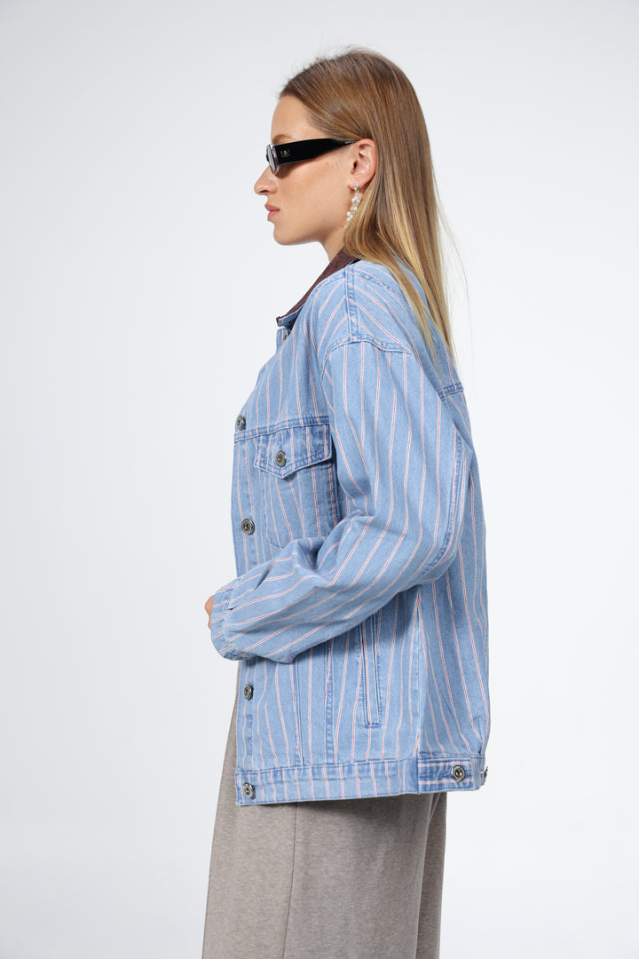 Corduroy Mixed Blue Striped Denim Jacket