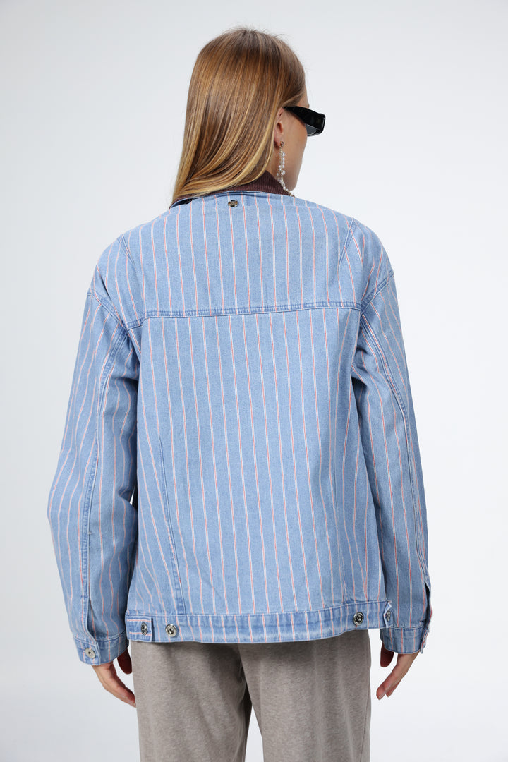 Corduroy Mixed Blue Striped Denim Jacket