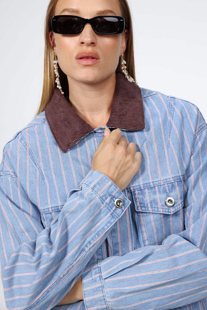 Corduroy Mixed Blue Striped Denim Jacket