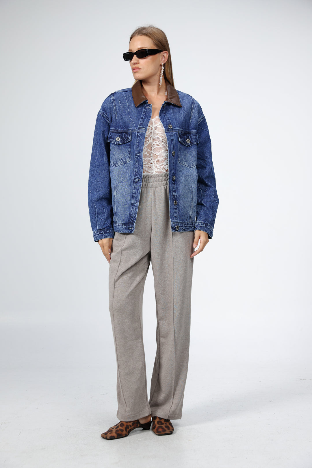 Faux Leather Mixed Blue Denim Jacket