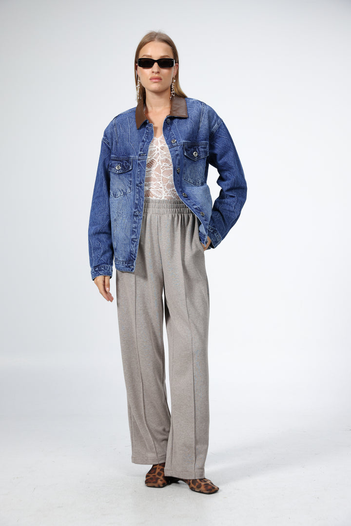 Faux Leather Mixed Blue Denim Jacket