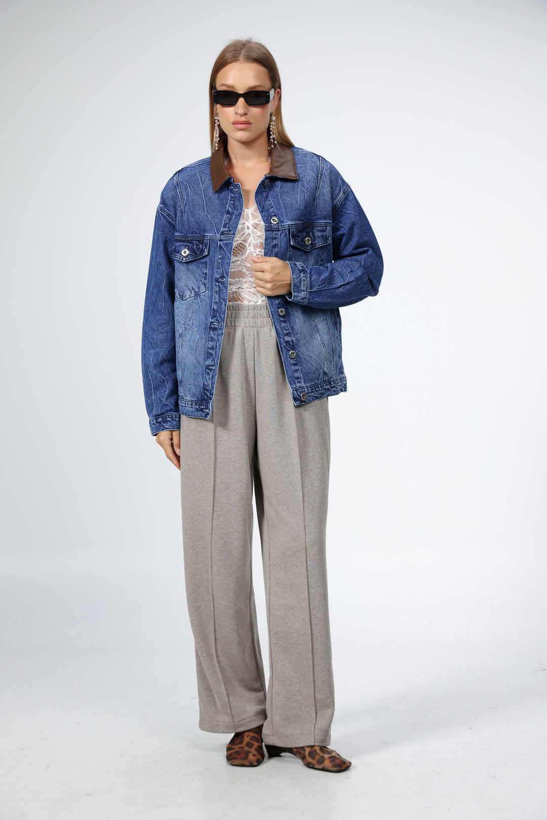 Faux Leather Mixed Blue Denim Jacket