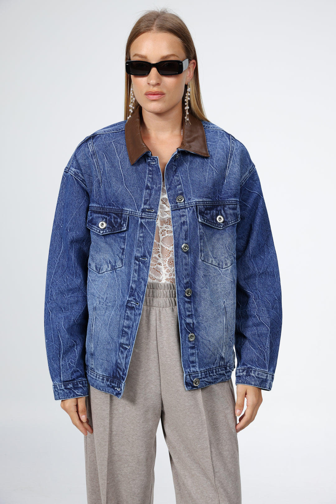 Faux Leather Mixed Blue Denim Jacket