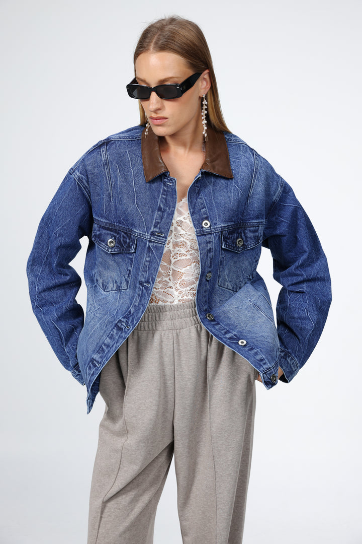 Faux Leather Mixed Blue Denim Jacket
