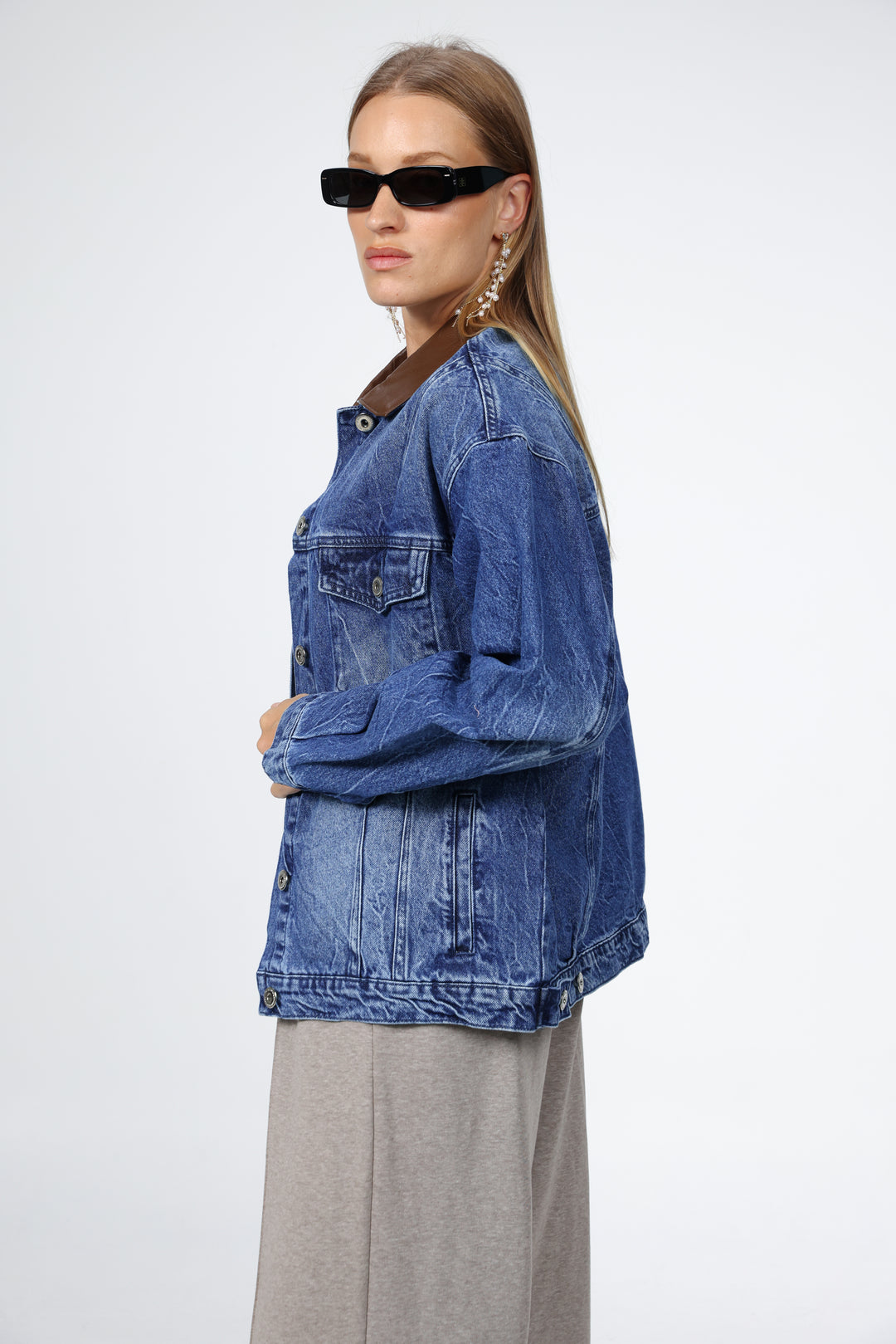 Faux Leather Mixed Blue Denim Jacket