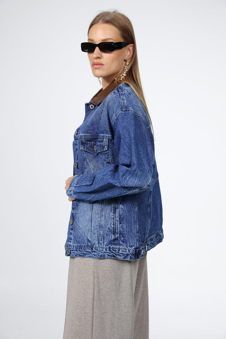 Faux Leather Mixed Blue Denim Jacket