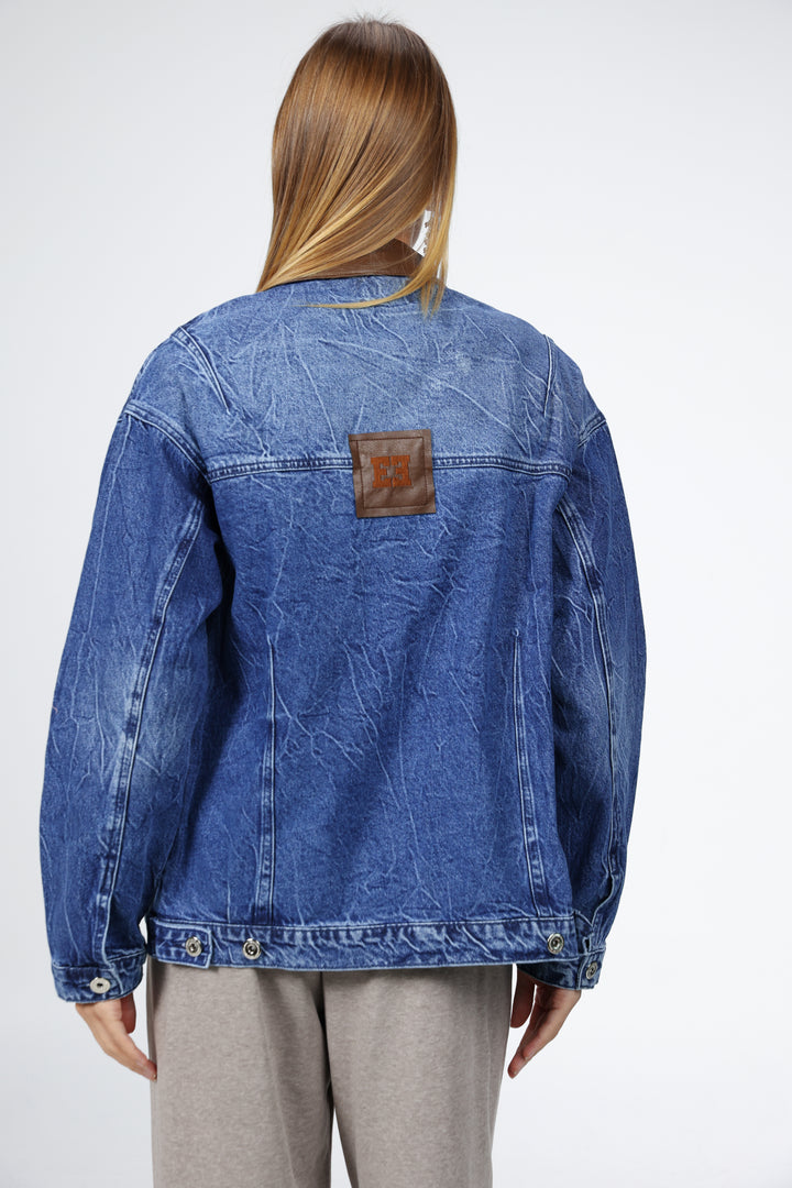 Faux Leather Mixed Blue Denim Jacket