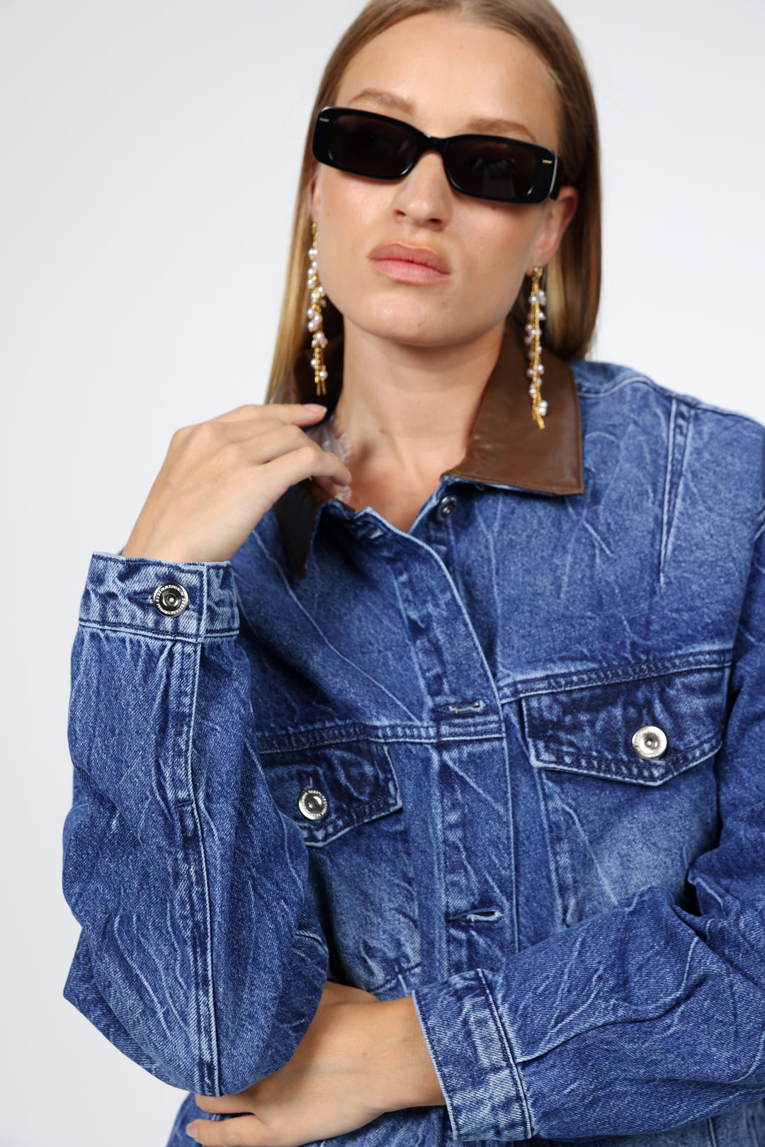 Faux Leather Mixed Blue Denim Jacket