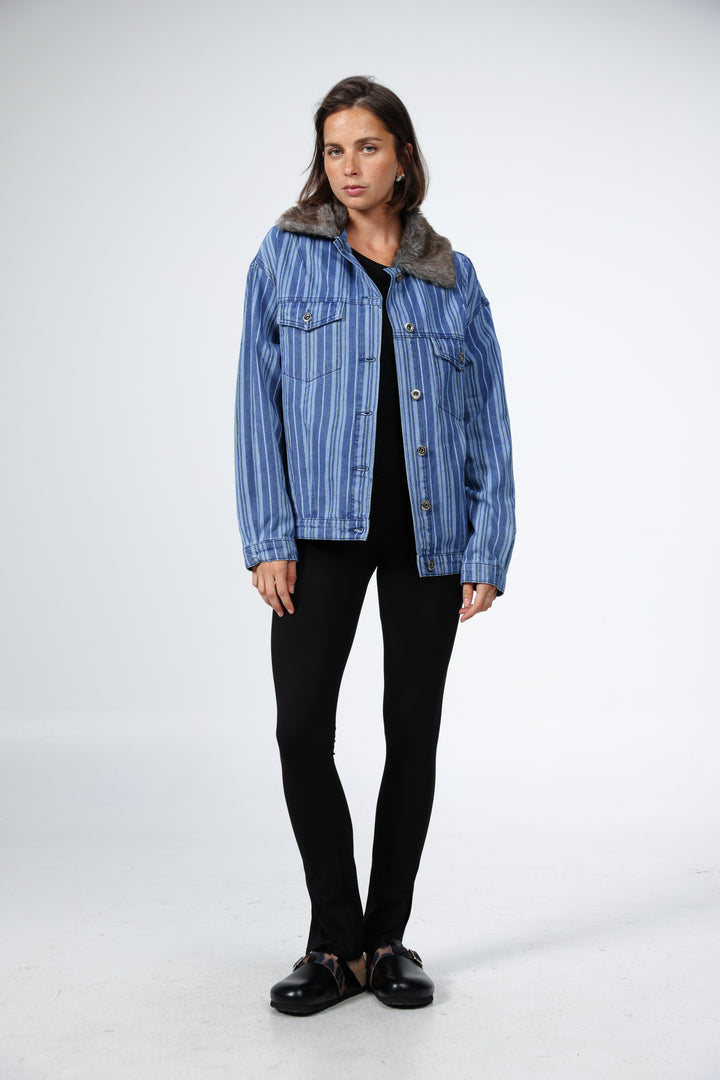 Farm Blue Striped Denim Jacket