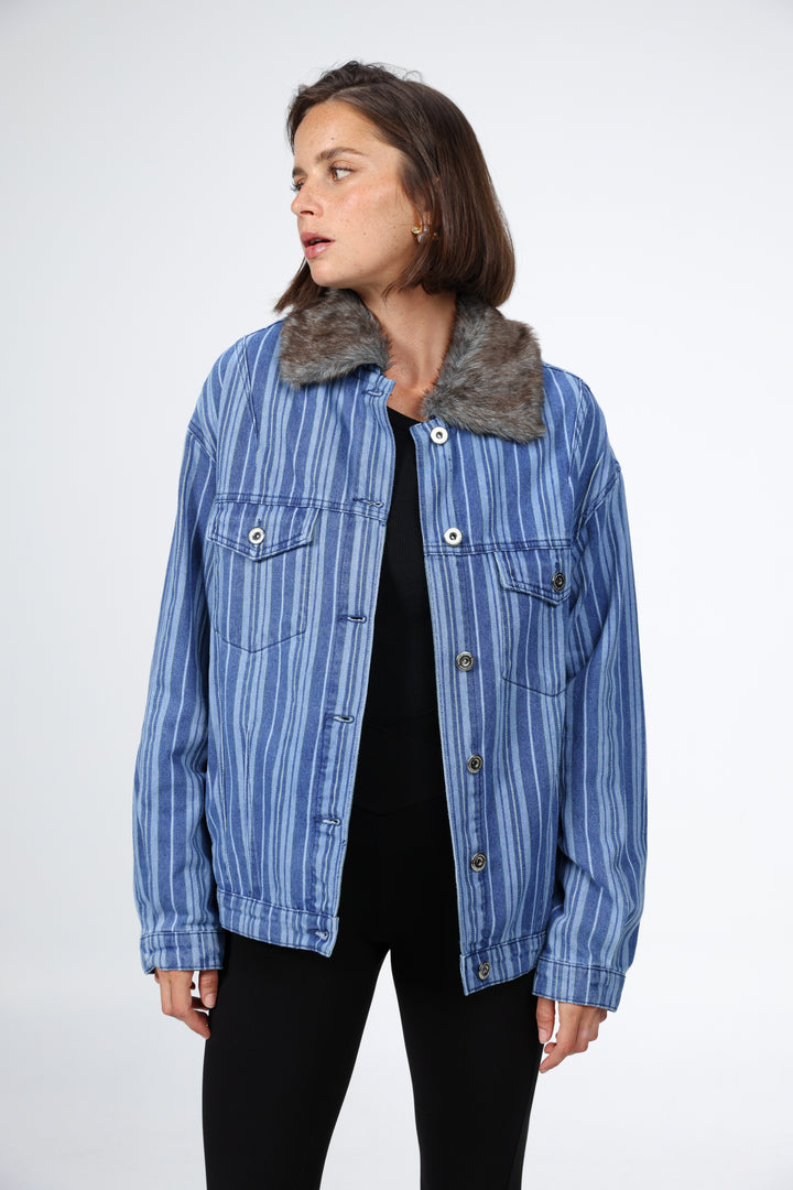 Farm Blue Striped Denim Jacket