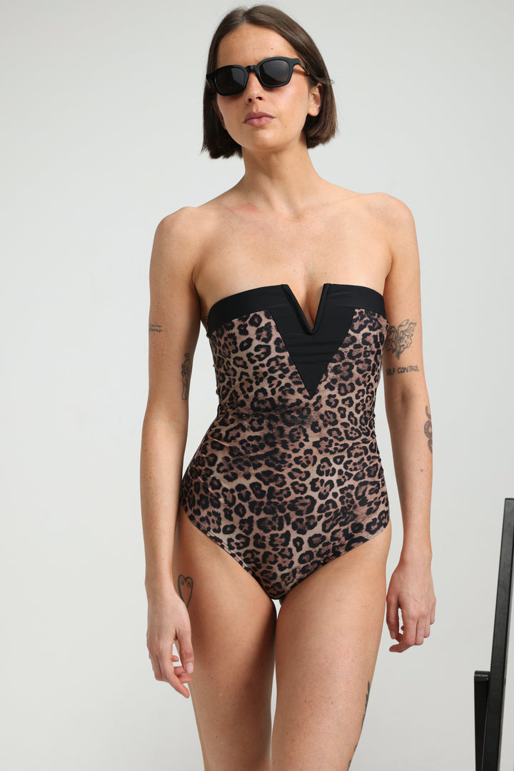Impressionism Leopard/Black Swimsuit בגד ים מנומר סטרפלס מידה XS