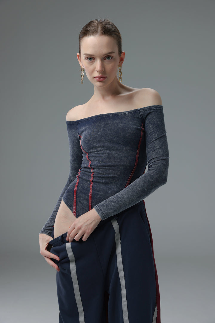 Daniela's Washed Blue Off Shoulder Bodysuit