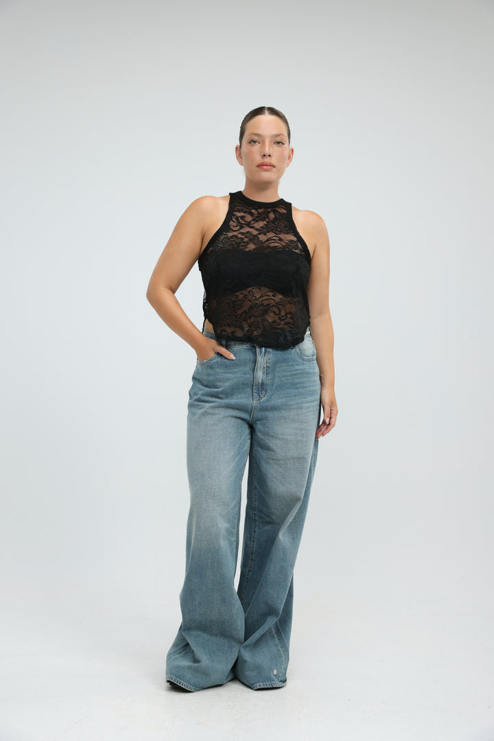 High Neck Cream Lace Tank
