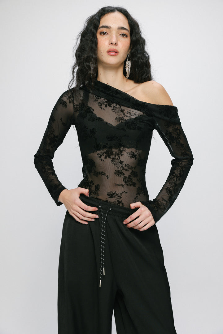 Luna Black Velvet One Shoulder Top