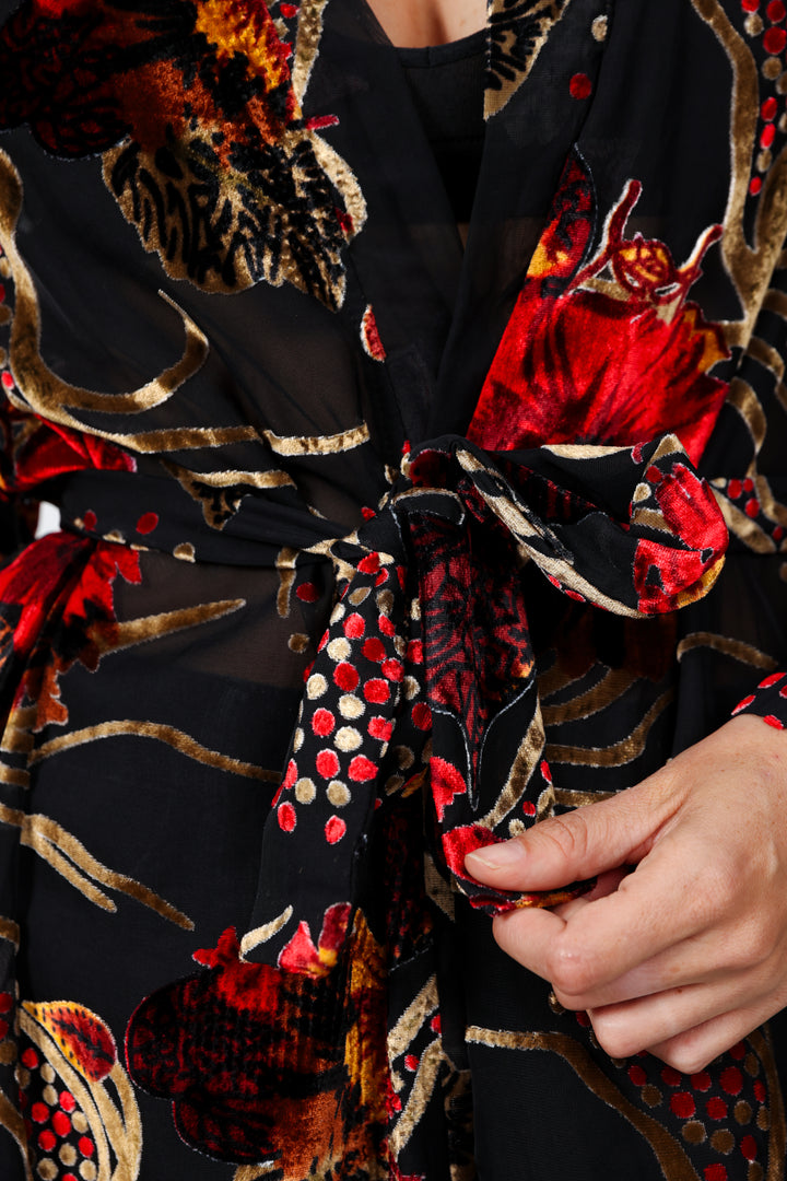 Long Floral Velvet Black Kimono