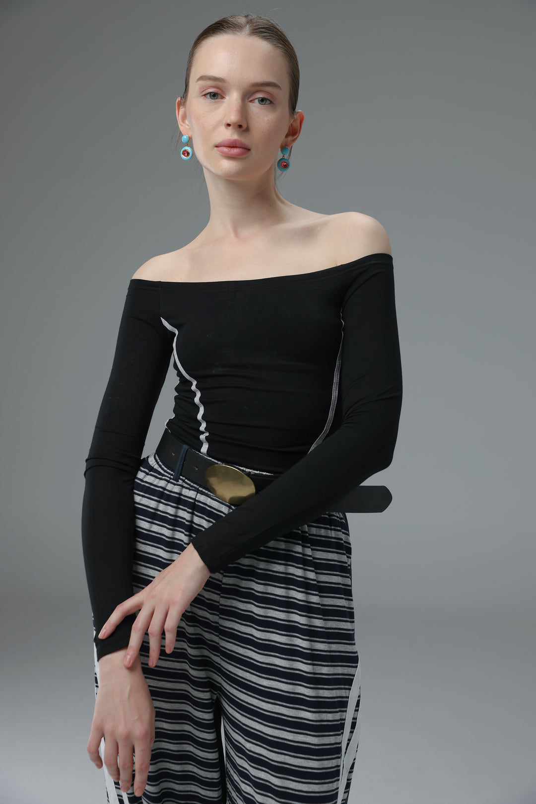 Daniela's Black Mixed Off Shoulder Bodysuit