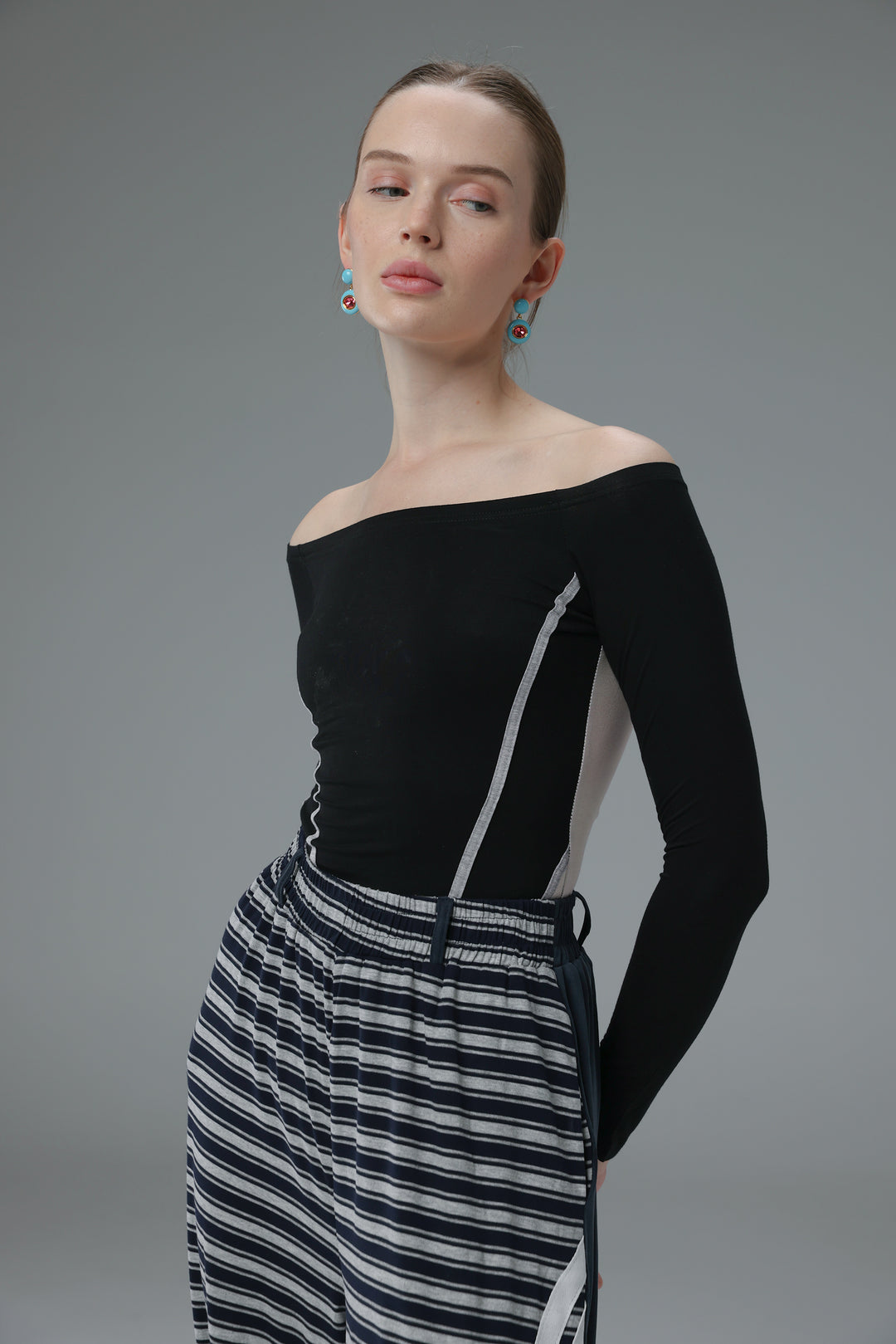 Daniela's Black Mixed Off Shoulder Bodysuit