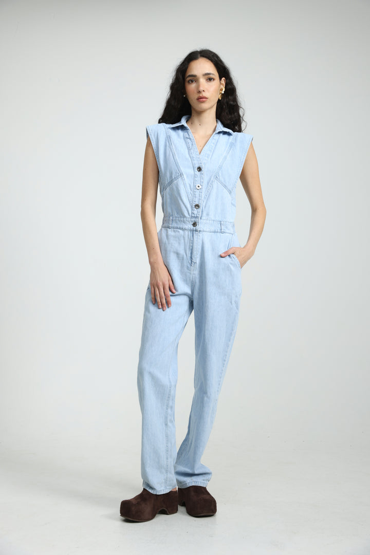 Sleeveless Light Blue Denim Jumpsuit