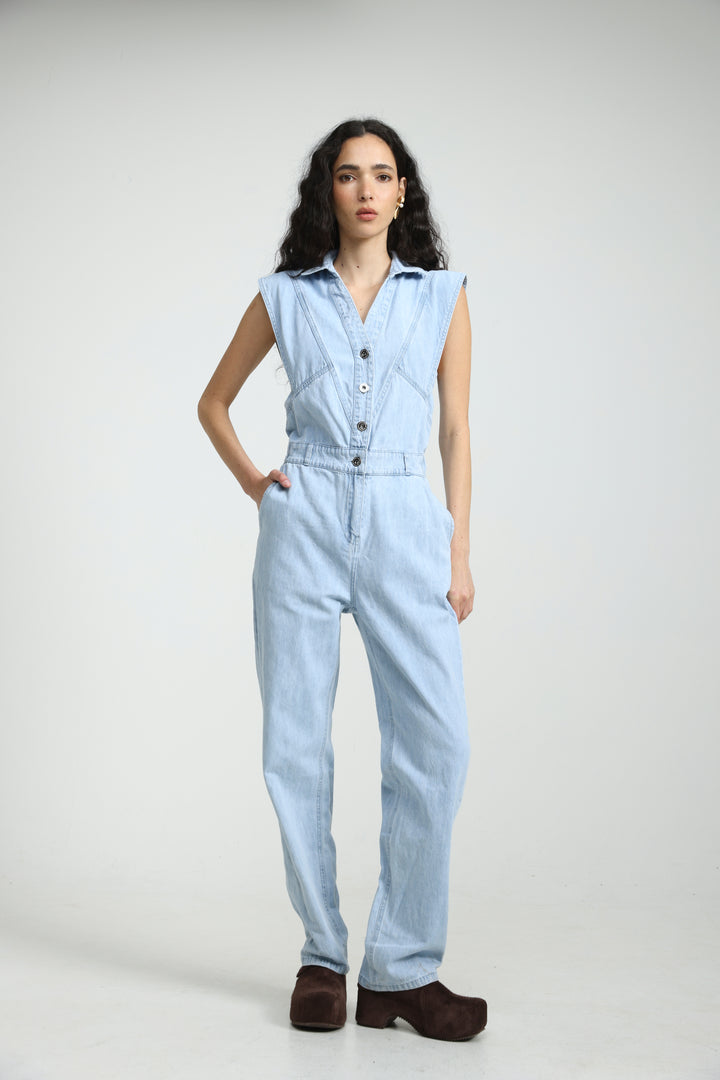 Sleeveless Light Blue Denim Jumpsuit
