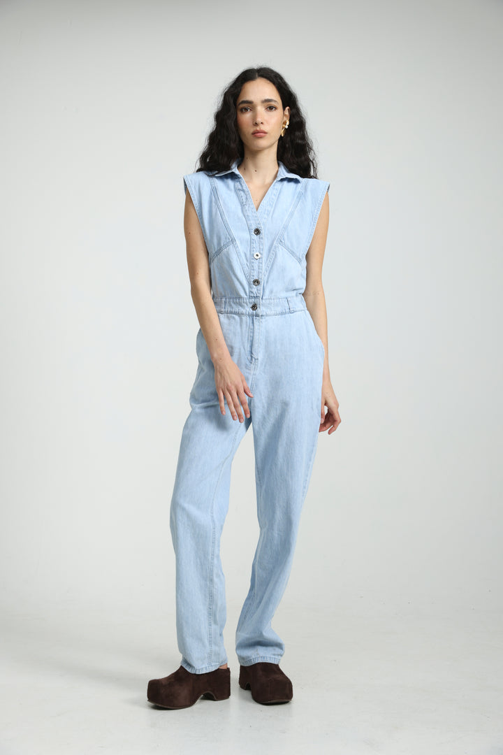 Sleeveless Light Blue Denim Jumpsuit