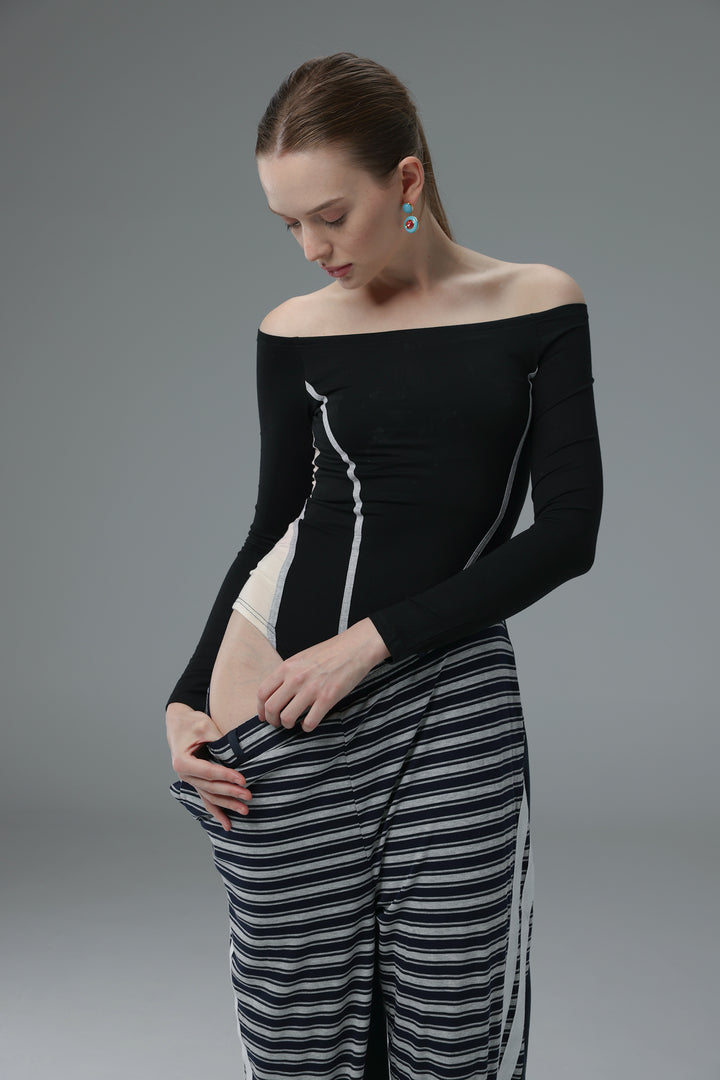 Daniela's Black Mixed Off Shoulder Bodysuit